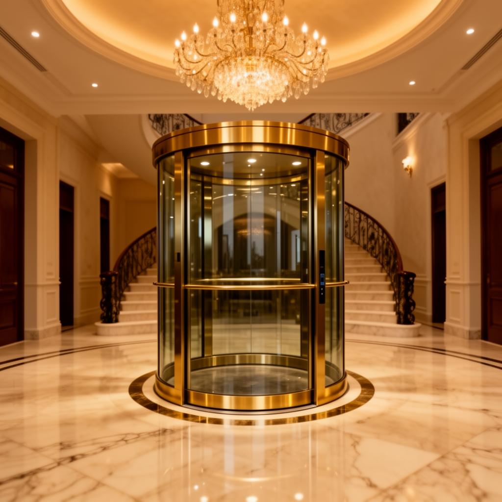 Royal glass home elevator with golden brass frame in a luxury Lahore villa foyer
